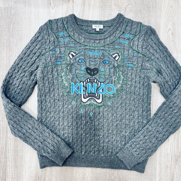 Kenzo Paris Embroidered Logo Tiger Gray Wool Cable Knit Sweater - Picture 2 of 8